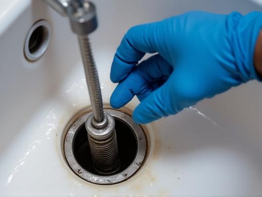 Plumbing tools being used to clear a clogged drain.