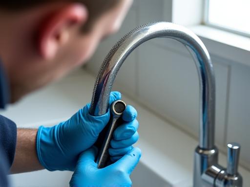 A close-up of a plumber repairing a leaky kitchen faucet.